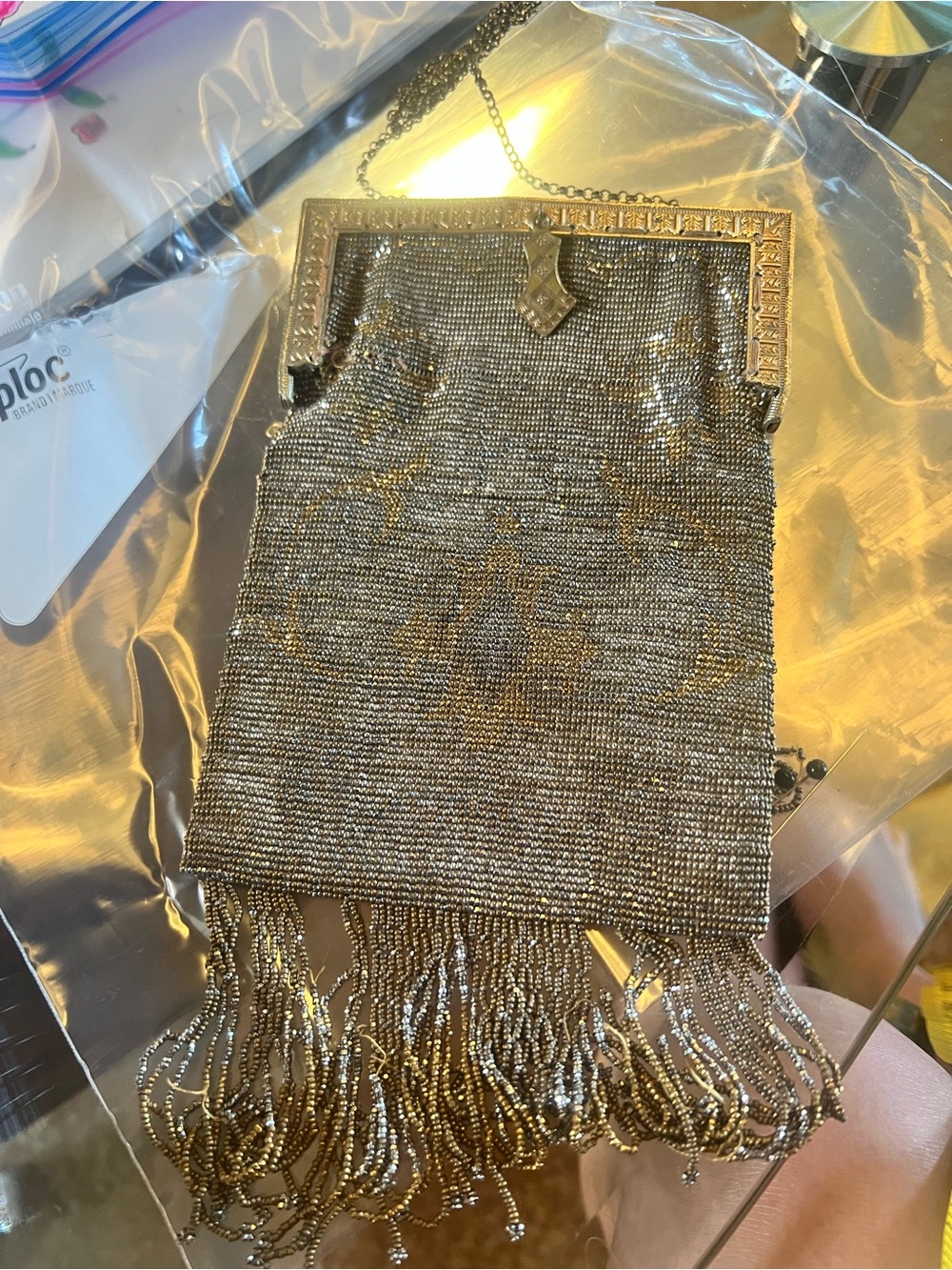 Art Deco Antique Steel Cut Beaded Fringe Evening Bag - Elegant Chain Pouch